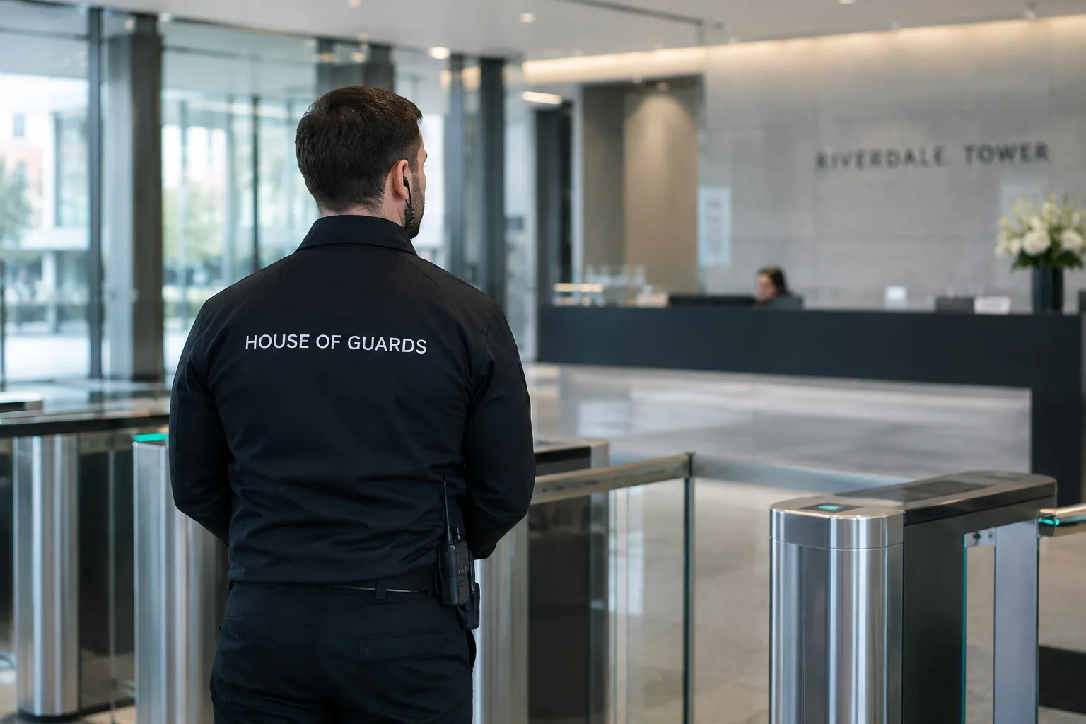 A Harley Garrison officer standing beside security turnstiles in a corporate office lobby, with a receptionist at the front desk behind him.
