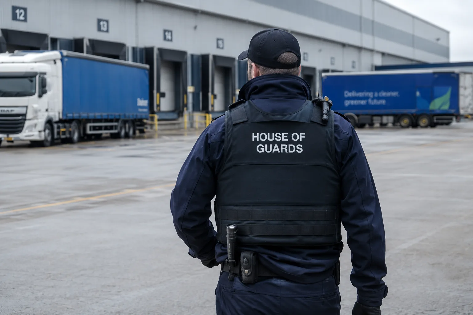 A Harley Garrison officer in a protective vest standing at a distribution yard, with two branded lorries parked at loading bays behind him.