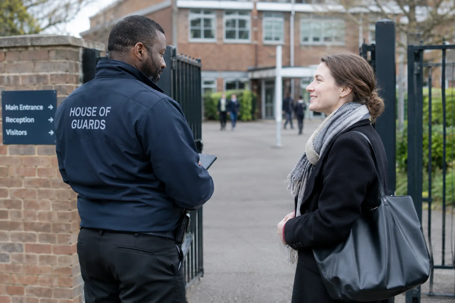 A Harley Garrison officer speaking with a visitor at a school's main entrance gate, with the school building behind them.