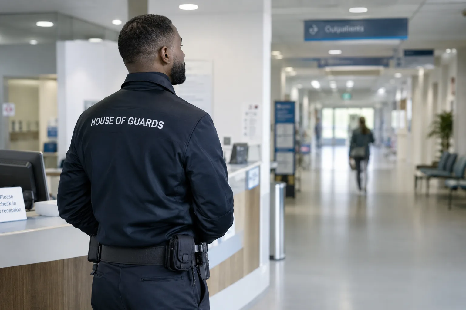 A Harley Garrison officer standing at a hospital reception desk, with a corridor leading toward the outpatients department behind him.