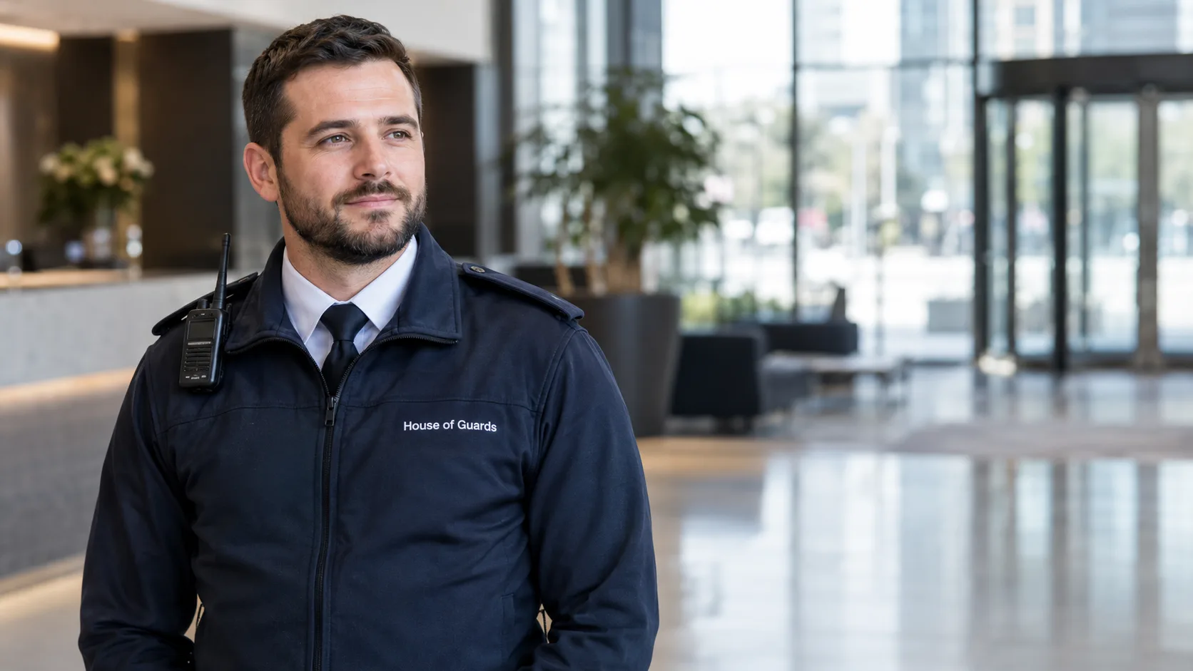 A Harley Garrison officer standing in a client building lobby