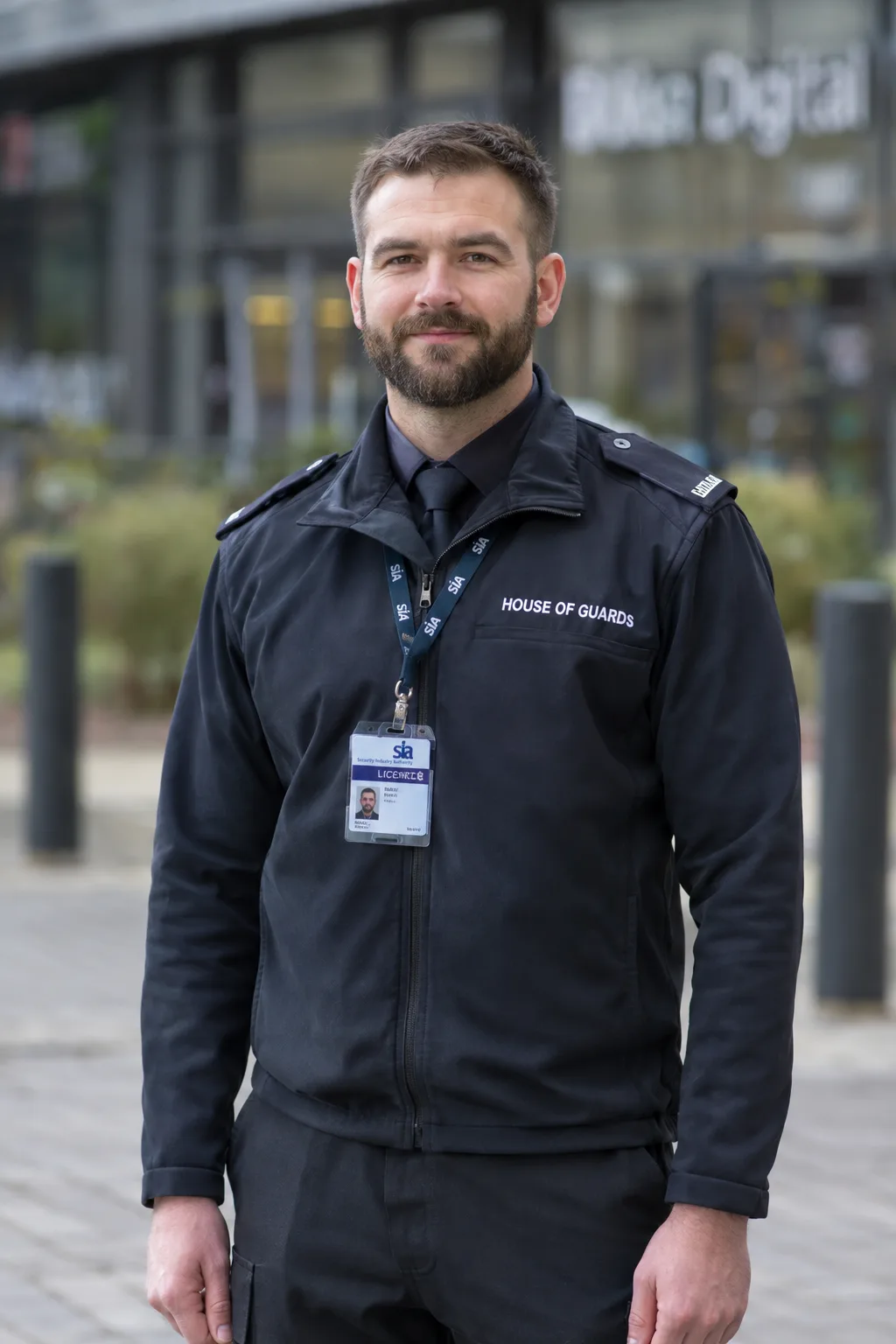 A Harley Garrison security officer in a branded jacket, wearing an SIA licence badge on a lanyard